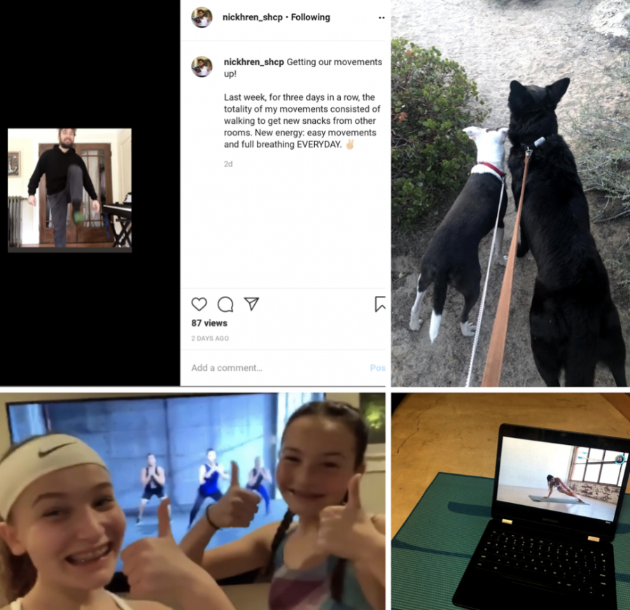 Students and faculty share how they are staying active indoors. 
Upper left: Mr. Hren posts his morning stretching and exercise routine. Upper right: Margot Hart ‘22 goes on a hike with her dogs. Lower left: Sydney Scott, ‘22, does Zumba with her sister, incoming freshman Elliot Scott ‘24. Lower right: Ruby Southard, ‘22, follows a Chloe Ting YouTube workout video.
