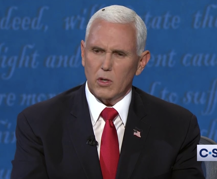 A fly gets comfortable on Vice President Michael R. Pence’s hair.