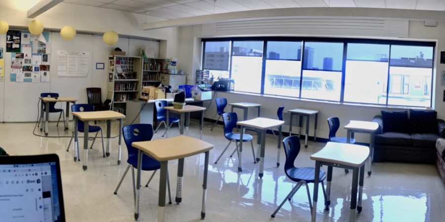 Room 505 on SHC's La Salle Campus being prepared for in-person instruction.