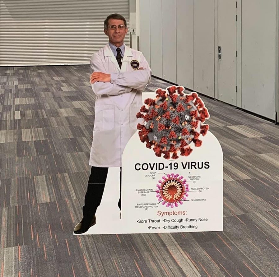 Many members of the SHC community received their vaccinations at the Moscone Center, where this cutout of Dr. Anthony Fauci greeted them.