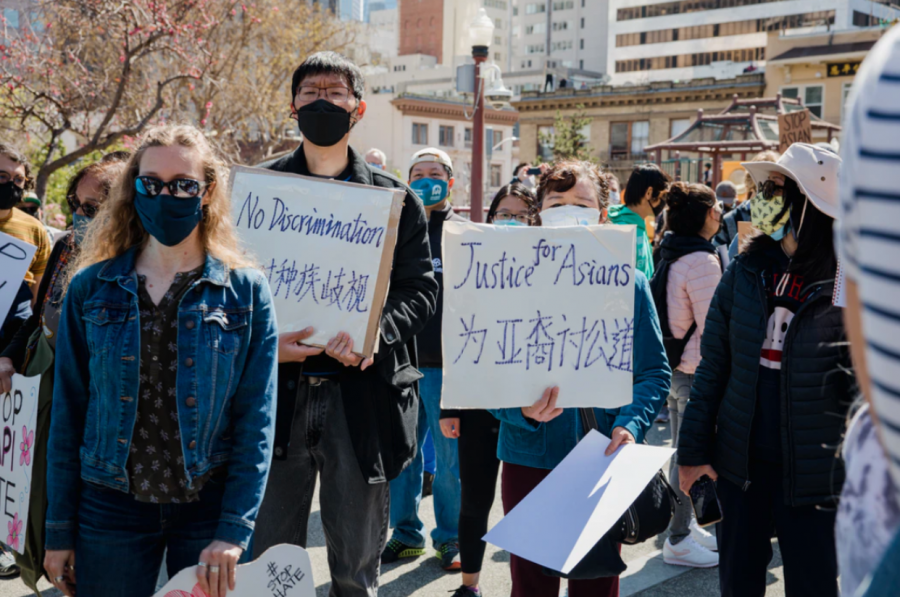 Demonstrators gather in San Francisco  to protest the recent uptick in anti-Asian-American violence in the United States.