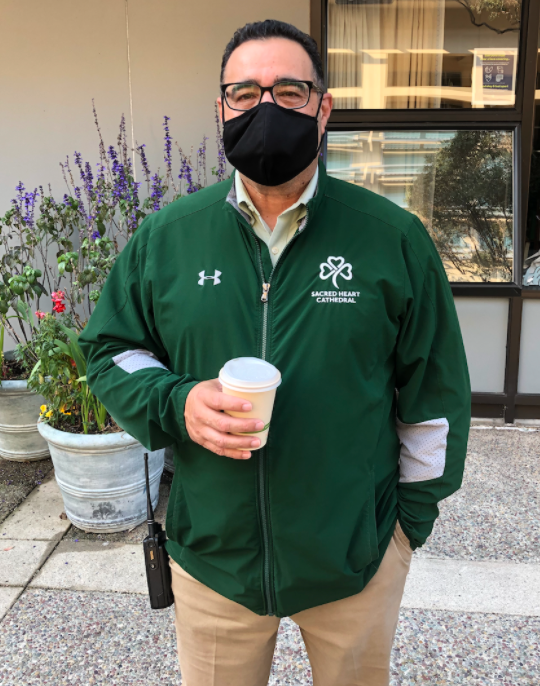 Mr. Sazo often enjoys a hot beverage while supervising students in the plaza.