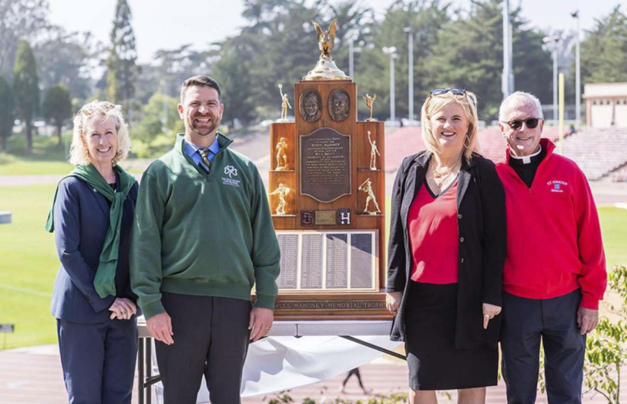 The principals and presidents of Sacred Heart Cathedral and Saint Ignatius meet to announce the addition of girls’ sports to the Bruce Mahoney.