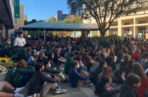 Students flood the plaza to protest sexual assault and demonstrate solidarity with victims.