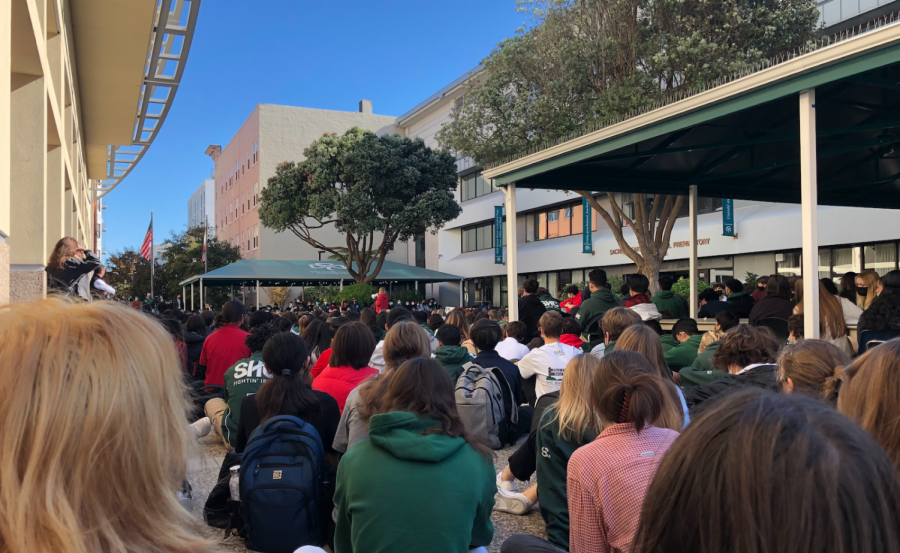 Students cover the plaza in solidarity with victims of sexual assault.