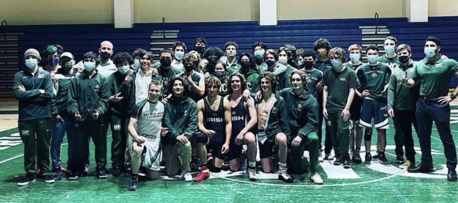 The wrestling team assembles after their close 36-34 victory over Riordan on January 26th. This victory marked SHC Wrestling’s first victory over Riordan in 10 years.