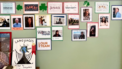 The World Language wall display on DePaul contains photos of the language team and colorful artwork depicting global languages.   