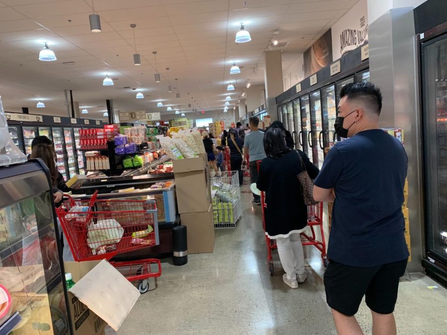 A typical queue for the checkout at H Mart in San Francisco.