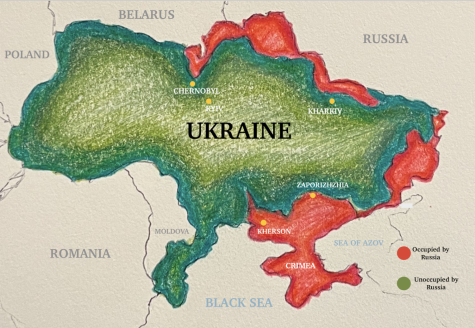 Map of Russian occupation in Ukraine as of March 6, 2022. The red-shaded areas are taken over by Russia, and the green is un-conquered. Kyiv, Chernobyl, Kharkiv, Zaporizhia, and Kherson, are marked with yellow dots.