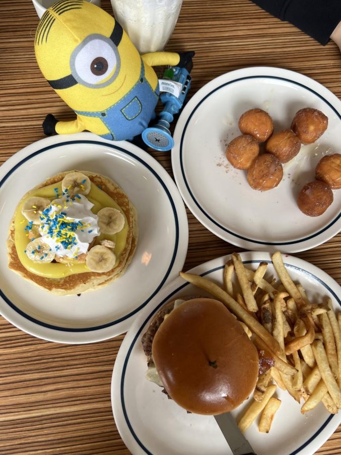 IHOP's exclusive Minions Menu items, including movie-inspired dishes like the Ba-ba-banana Pudding Pancakes, Cinna-minions, and Gru’s Evil Steakburger. 