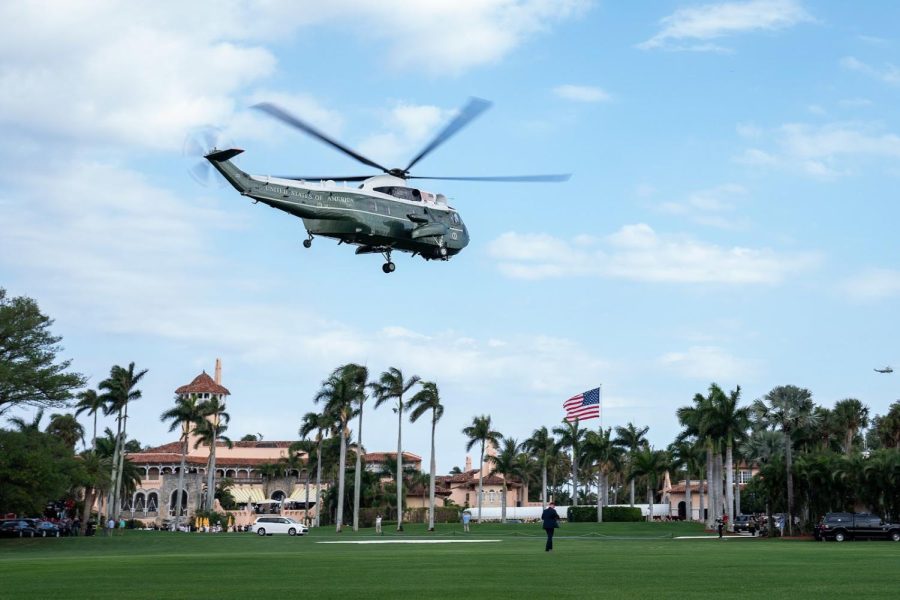 Marine One, carrying then-President Trump, leaves Mar-a-Lago, 2019.
("Marine One Departs Mar-a-Lago" by The White House)