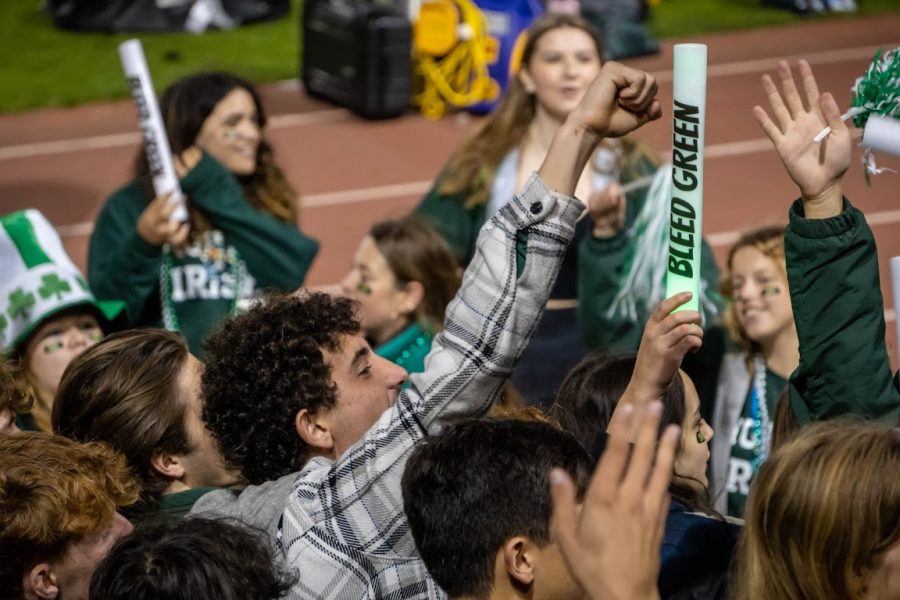 Fans in the Irish student section at the football Bruce-Mahoney.