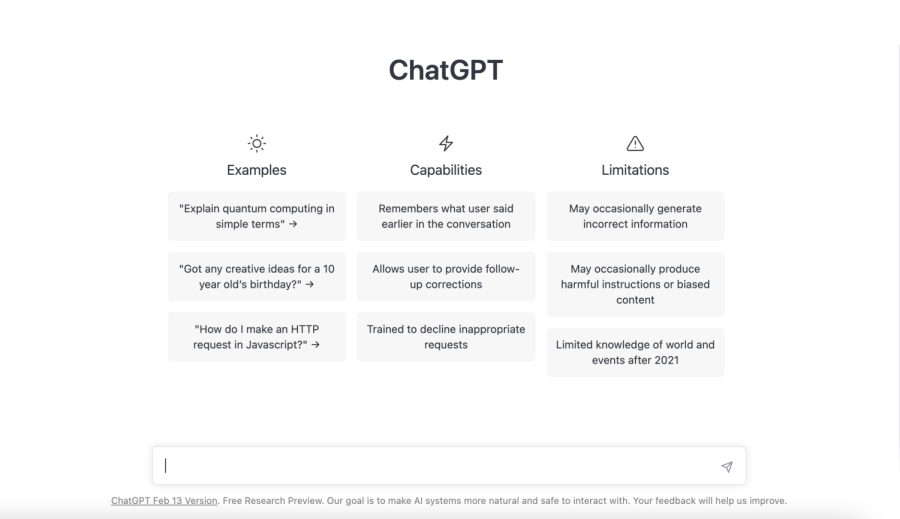 ChatGPT's current home page. Anyone with an internet connection can use the ChatGPT program for free.