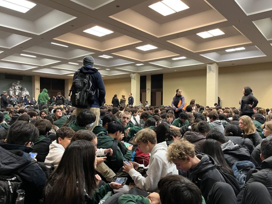 Students and teachers waiting out the bomb threat in the basement of Saint Mary’s Cathedral. 