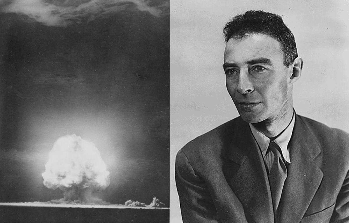 Left%3A+A+photo+of+the+Trinity+Test+bomb+detonation.+Right%3A+A+portrait+photo+of+J.+Robert+Oppenheimer.