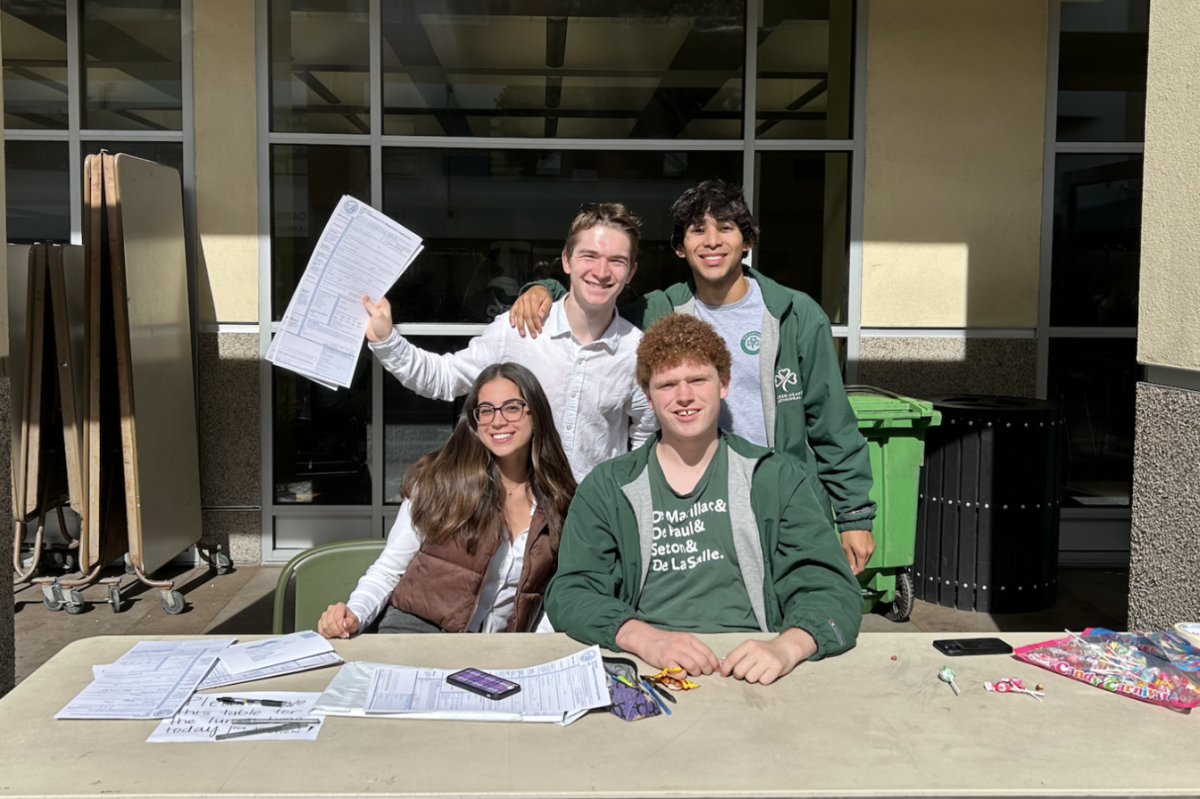 Members of Advocacy in Action (Eva Salgado ‘24, Logan Graves ‘24, Ethan Arguello ‘24, Zachary Thomas ‘24) pass out Voter Registration forms to eligible students.