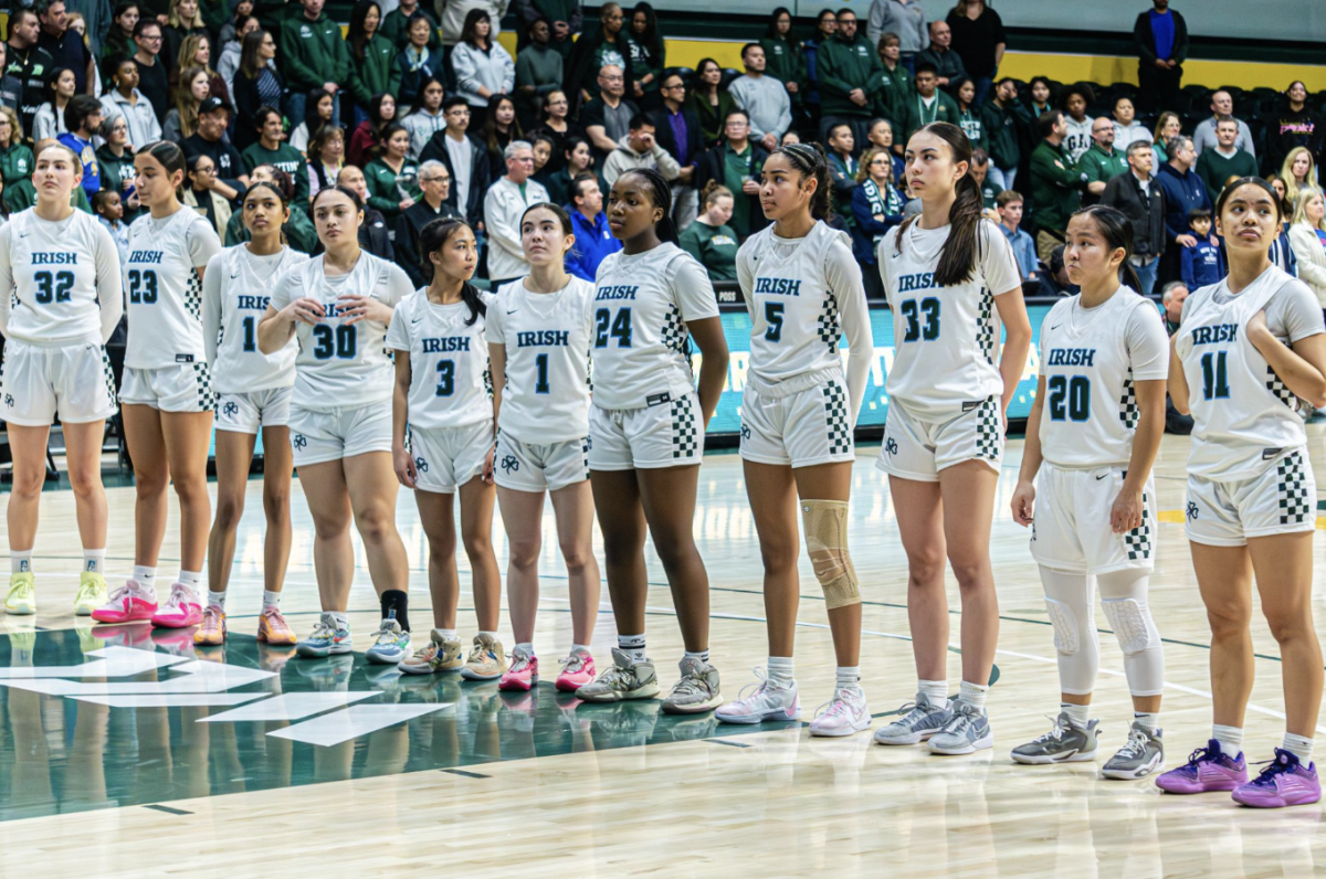 Fightin’ Irish Girls await the national anthem pre tip off.
