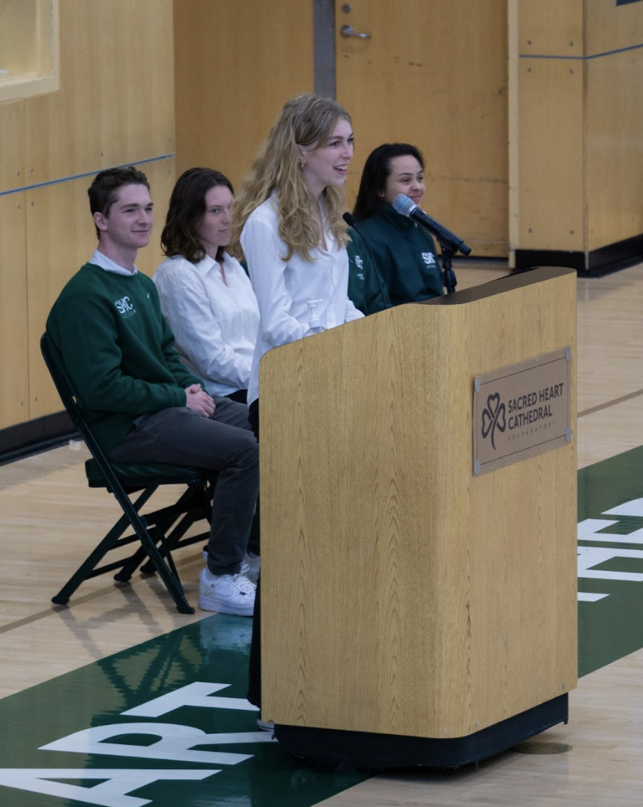 Rachel Lewis gives her SBO election speech in front of the frosh, sophomore, and junior classes. 