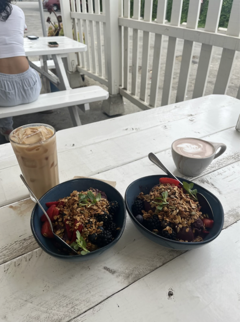 Two tasty açai bowls, one chai latte, and one hot chocolate, ready to be enjoyed!