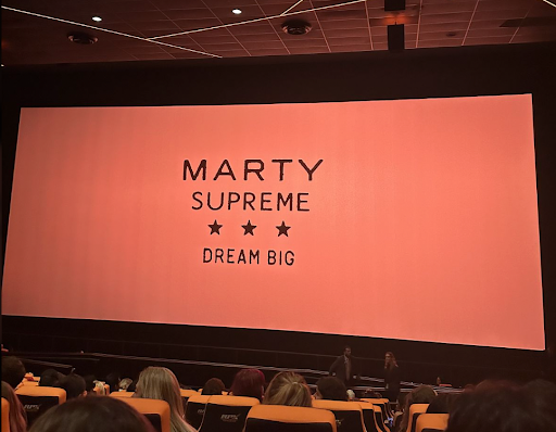 The new movie, Marty Supreme, on the big screen at the movie theater. 